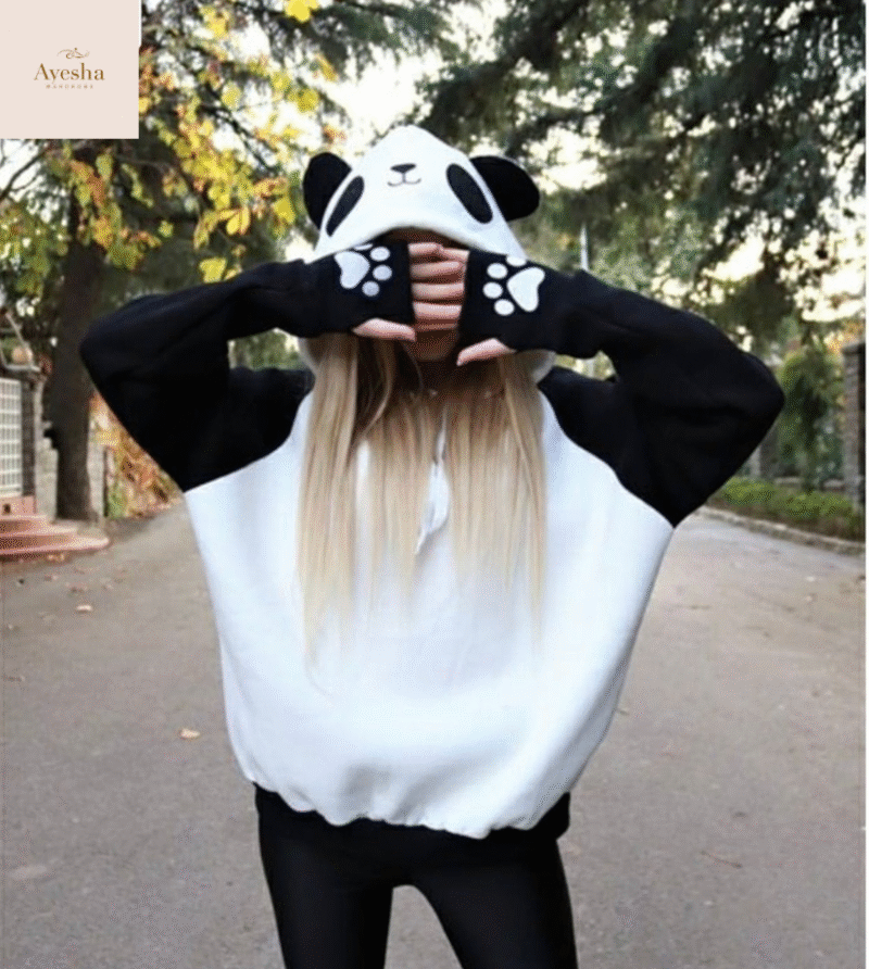 Panda Ear Hoodie  Black & White Unisex Pullover