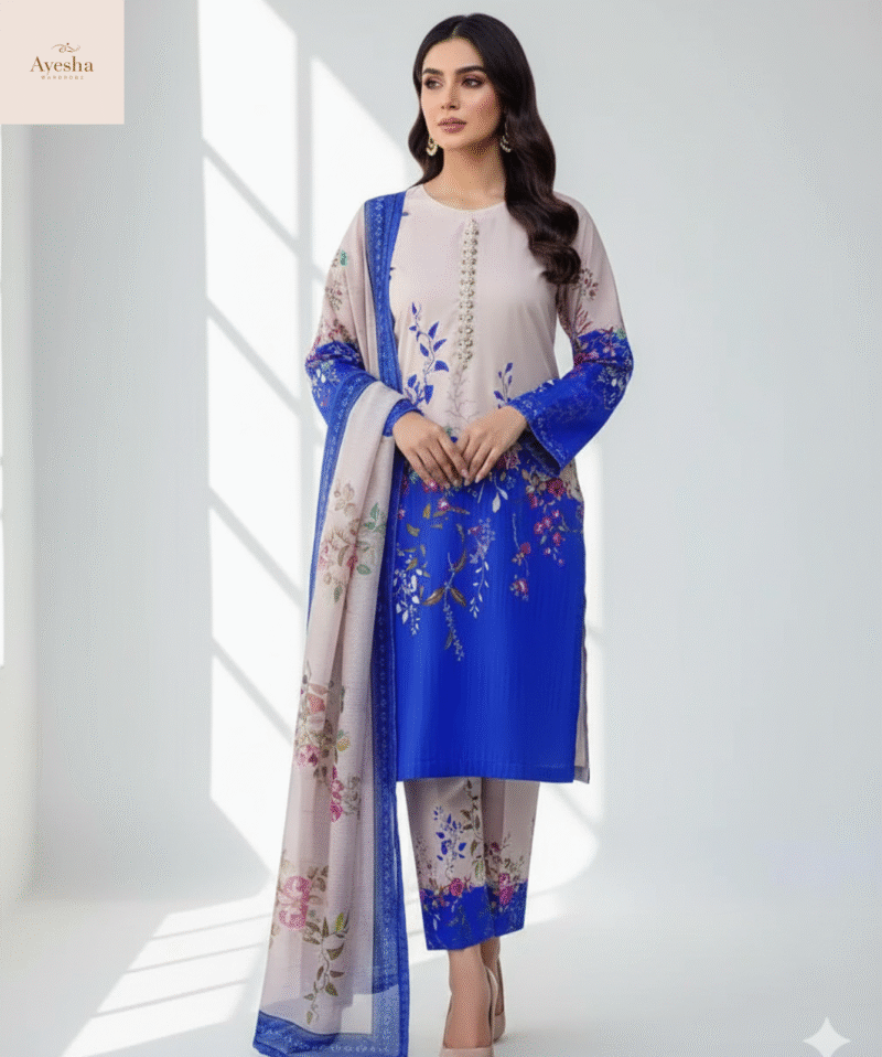 Front and Back Allover Digital Printed with Adda Handwork on Shirt with Flapper and Printed Dupatta Cord Set (3Pcs) - Image 3