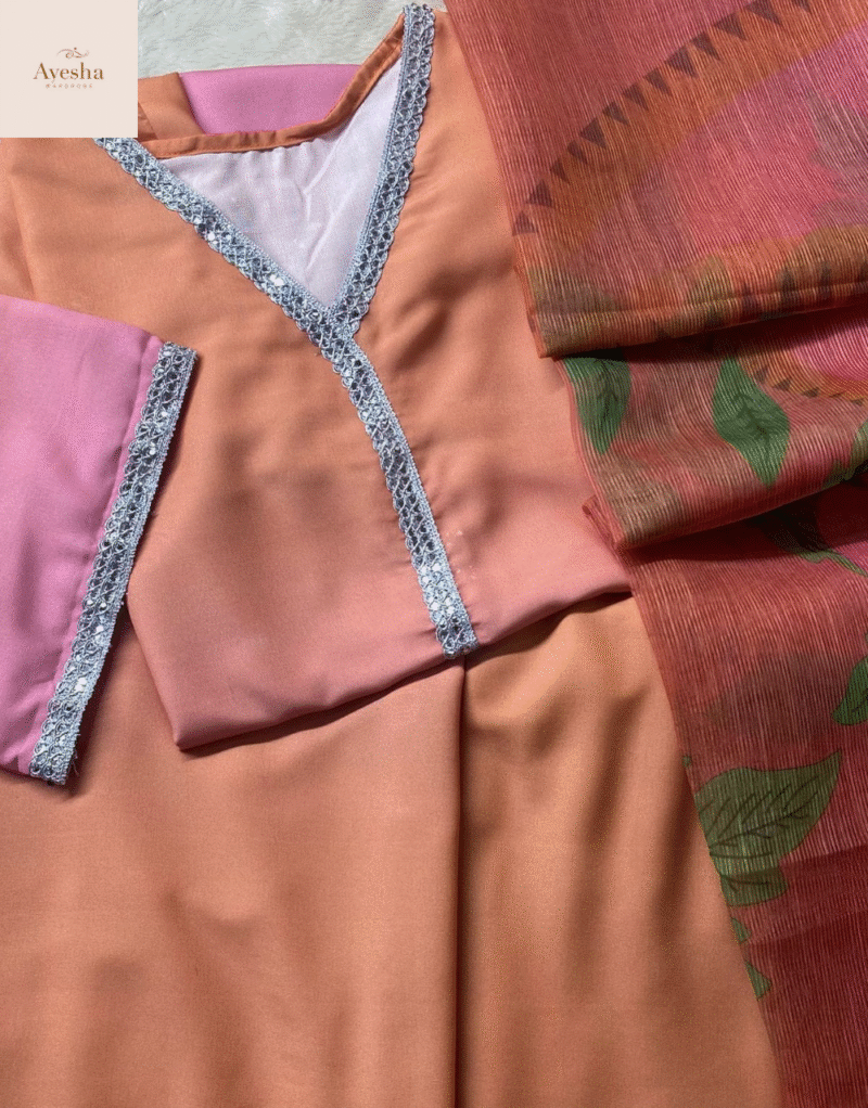 3pc suit Digital Printed long kurta neck and sleeve lace work. Digital Printed flyper. Printed munar Duppatta - Image 10