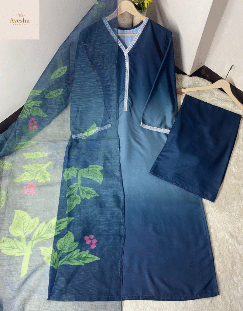 3pc suit Digital Printed long kurta neck and sleeve lace work. Digital Printed flyper. Printed munar Duppatta - Image 11