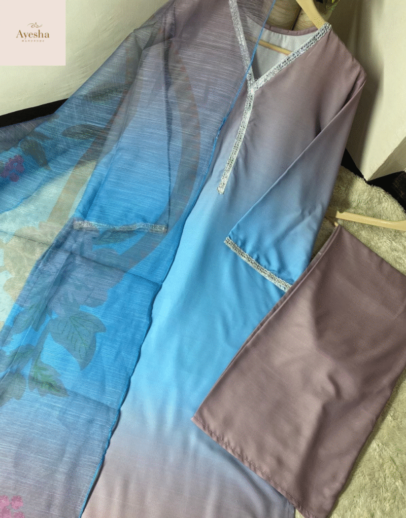 3pc suit Digital Printed long kurta neck and sleeve lace work. Digital Printed flyper. Printed munar Duppatta - Image 12