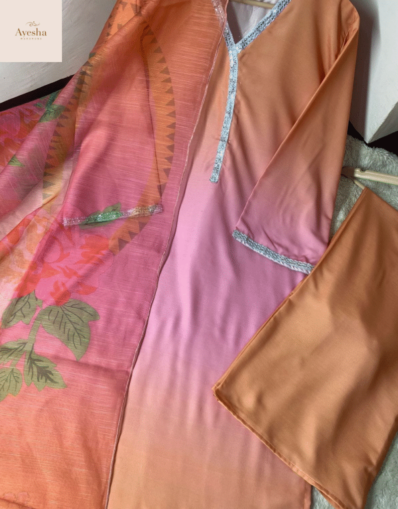 3pc suit Digital Printed long kurta neck and sleeve lace work. Digital Printed flyper. Printed munar Duppatta - Image 13