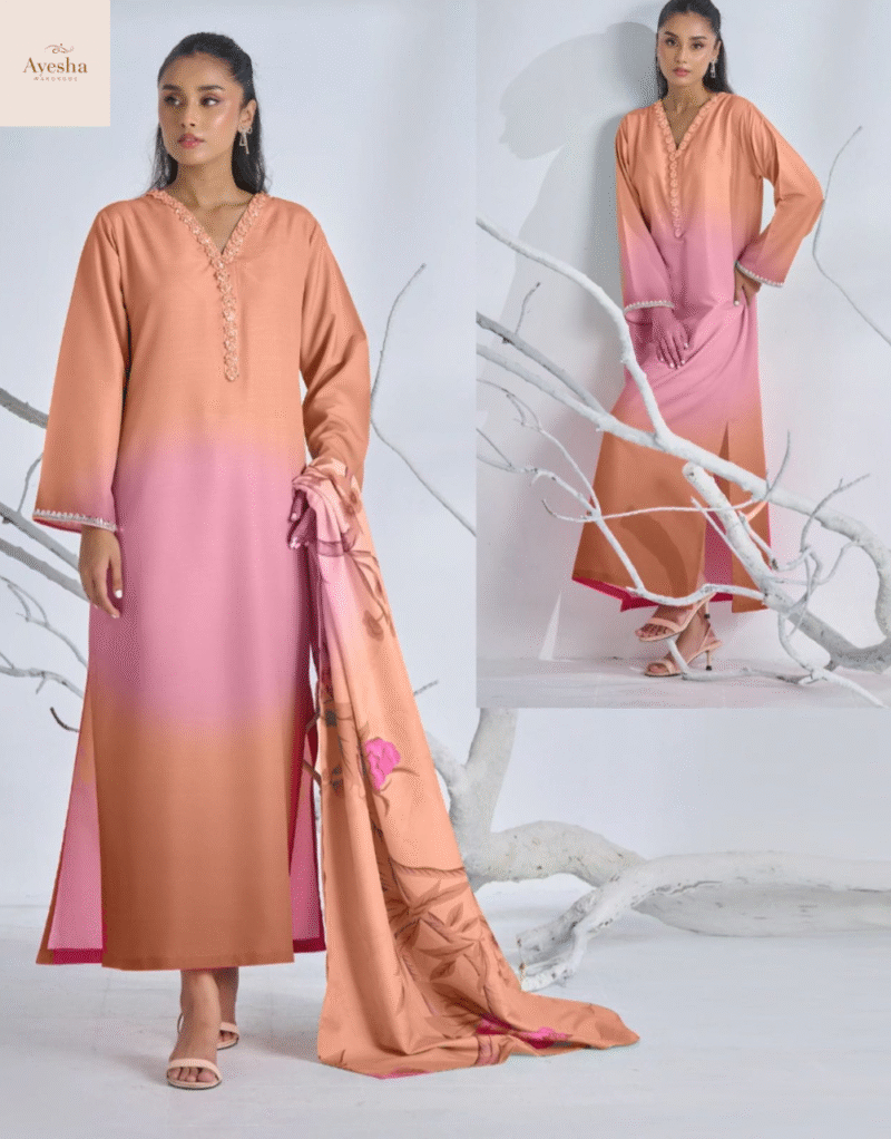 3pc suit Digital Printed long kurta neck and sleeve lace work. Digital Printed flyper. Printed munar Duppatta - Image 14