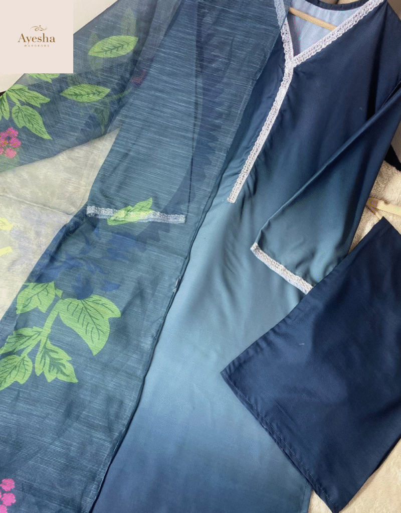3pc suit Digital Printed long kurta neck and sleeve lace work. Digital Printed flyper. Printed munar Duppatta - Image 15