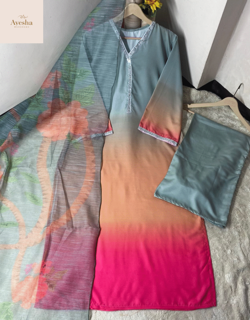 3pc suit Digital Printed long kurta neck and sleeve lace work. Digital Printed flyper. Printed munar Duppatta - Image 16