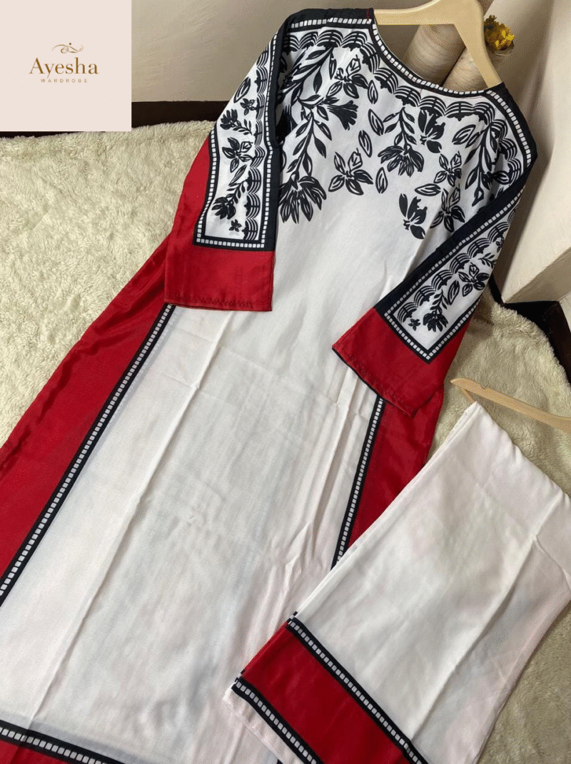 Premium 2Pc Lulusar Branded Suit Classic Black & White Combination  Elegant Palm & Floral Print Design - Image 4