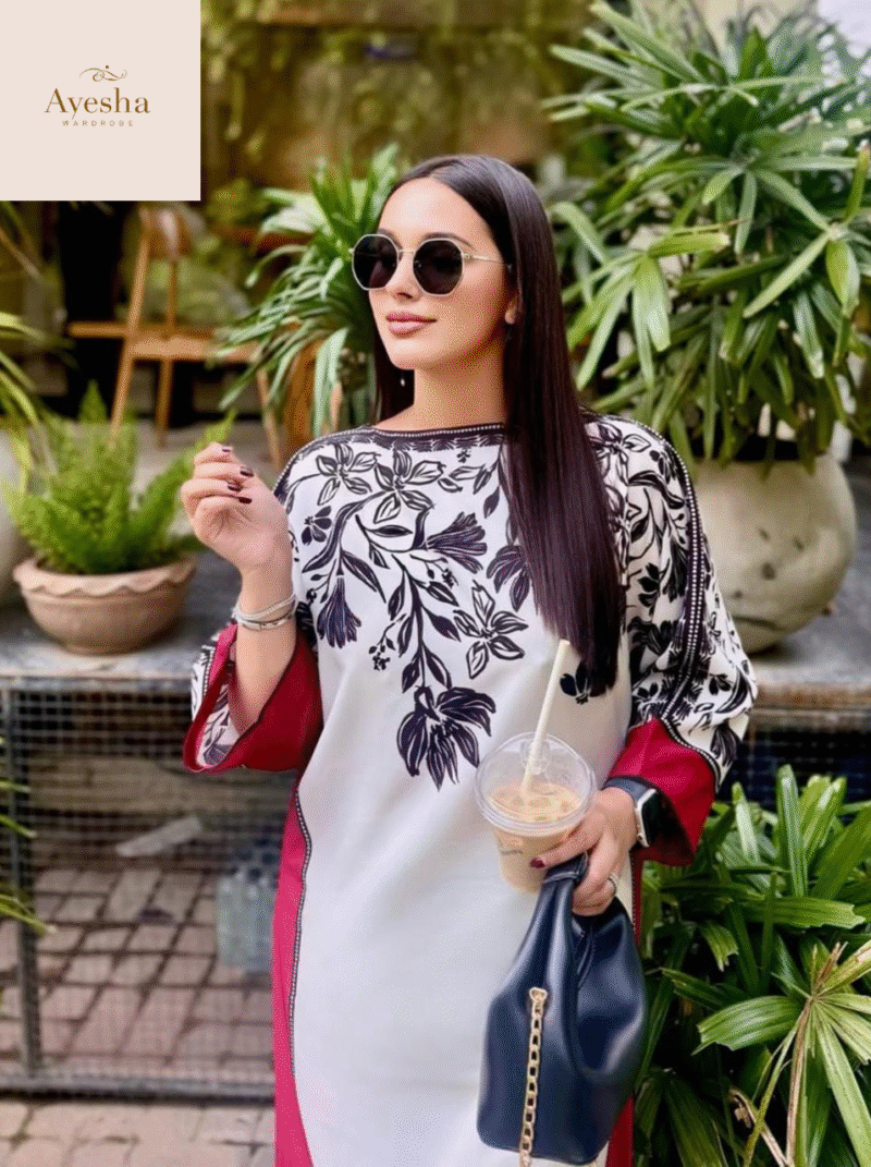 Premium 2Pc Lulusar Branded Suit Classic Black & White Combination  Elegant Palm & Floral Print Design - Image 5