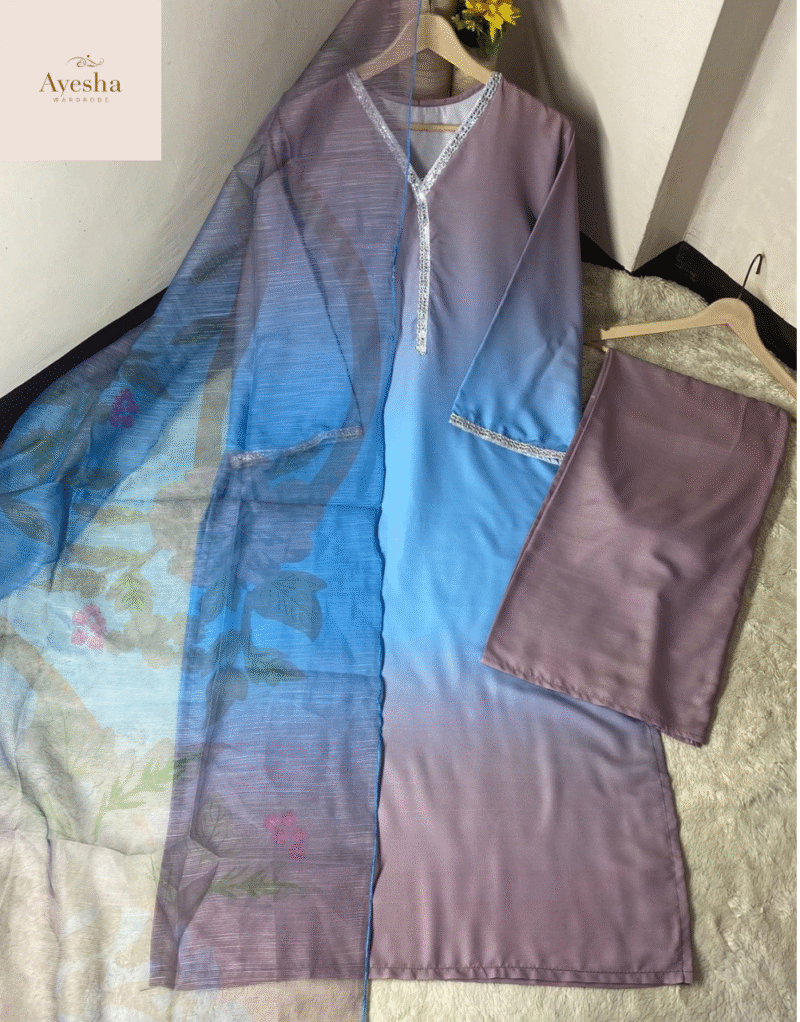 3pc suit Digital Printed long kurta neck and sleeve lace work. Digital Printed flyper. Printed munar Duppatta - Image 2