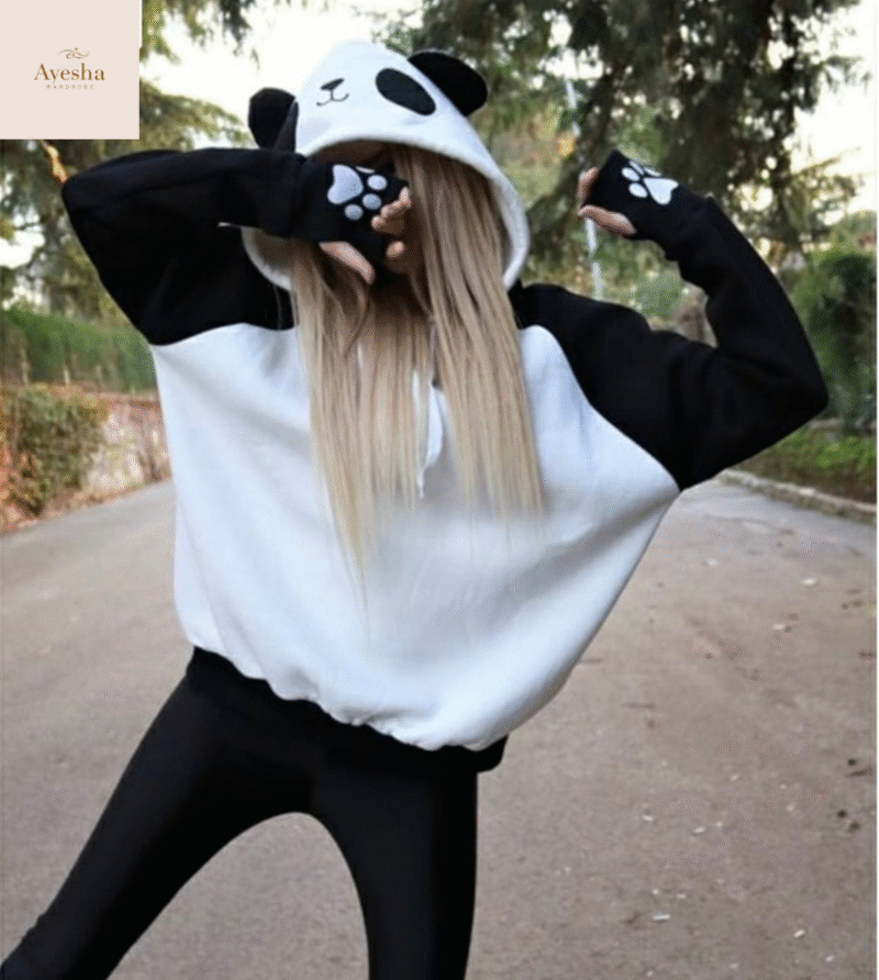 Panda Ear Hoodie  Black & White Unisex Pullover - Image 2