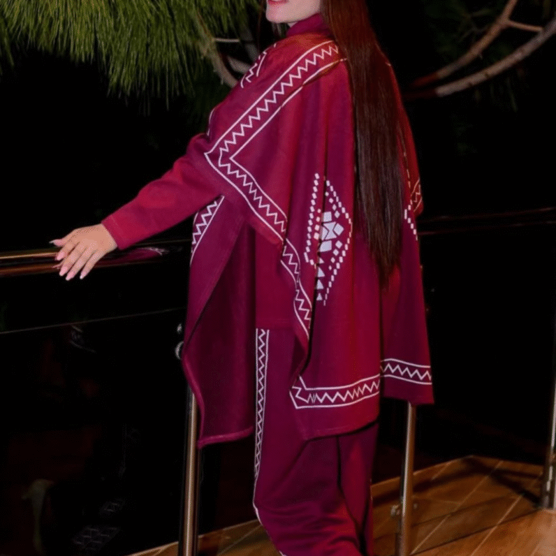 Front And Back Printed Upper Shawls With Premium Rib Plain High Neck And Flapper 3Pcs