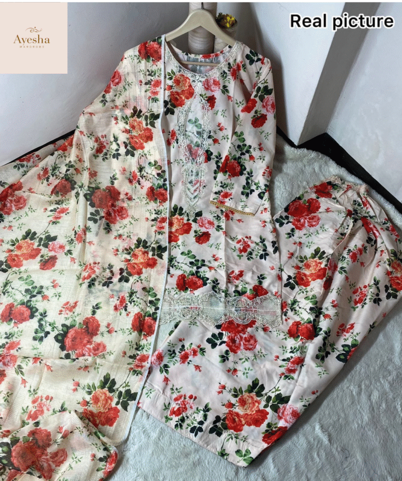 Digital Printed Outfit  Shirt Neck Pach Work and Border and Sleeves Lace Work Printed Farshi Shalwar Printed Munar Duppatta - Image 4