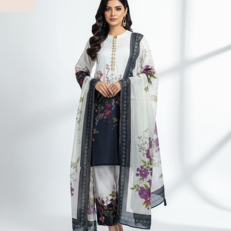 Front and Back Allover Digital Printed with Adda Handwork on Shirt with Flapper and Printed Dupatta Cord Set (3Pcs)