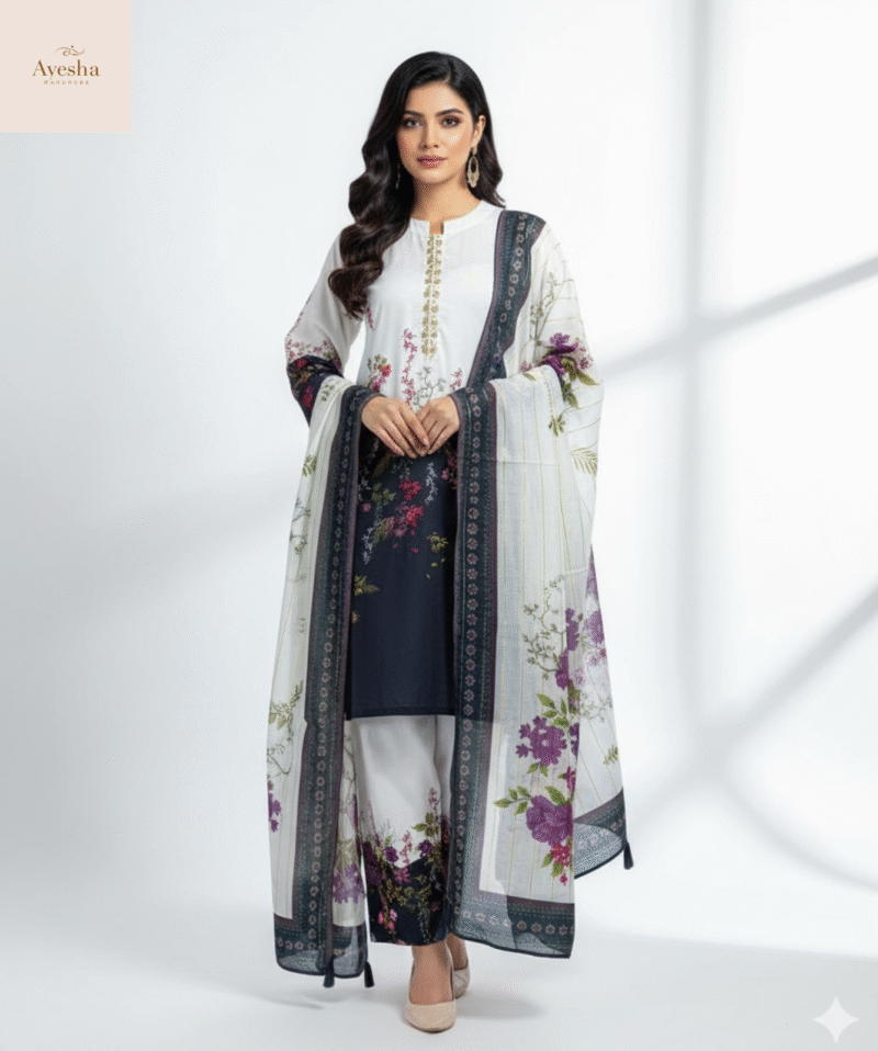 Front and Back Allover Digital Printed with Adda Handwork on Shirt with Flapper and Printed Dupatta Cord Set (3Pcs)