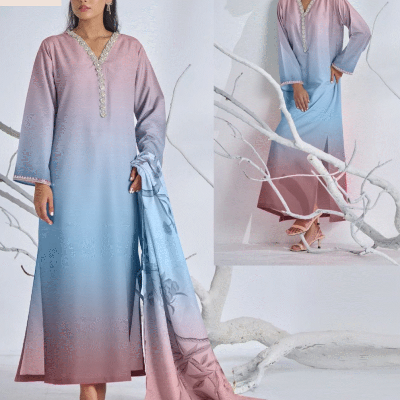 3pc suit Digital Printed long kurta neck and sleeve lace work. Digital Printed flyper. Printed munar Duppatta