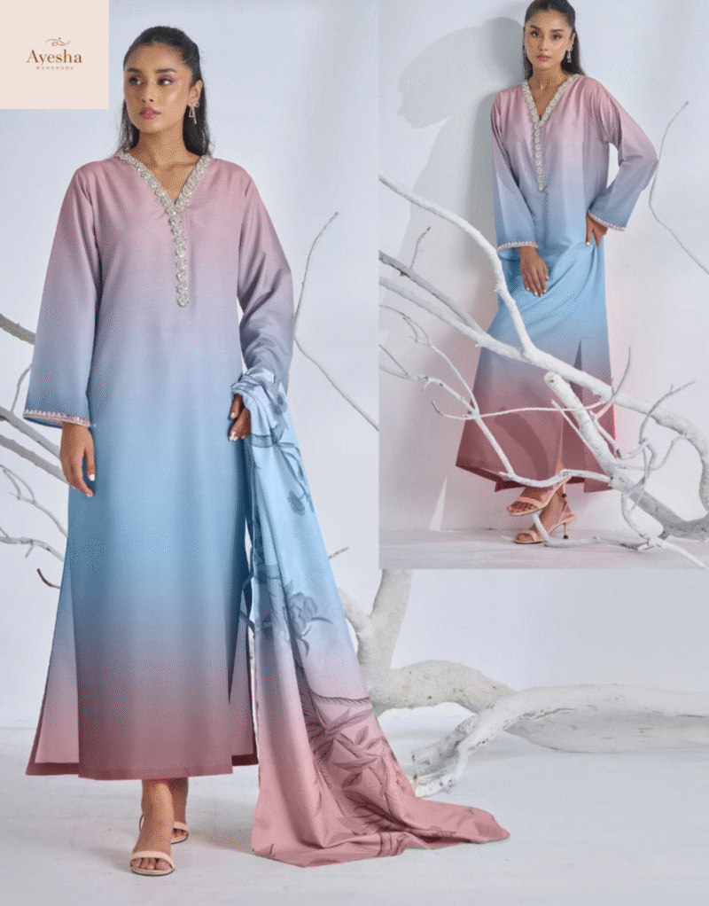 3pc suit Digital Printed long kurta neck and sleeve lace work. Digital Printed flyper. Printed munar Duppatta