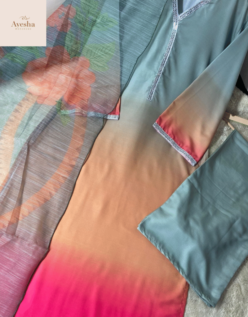 3pc suit Digital Printed long kurta neck and sleeve lace work. Digital Printed flyper. Printed munar Duppatta - Image 3