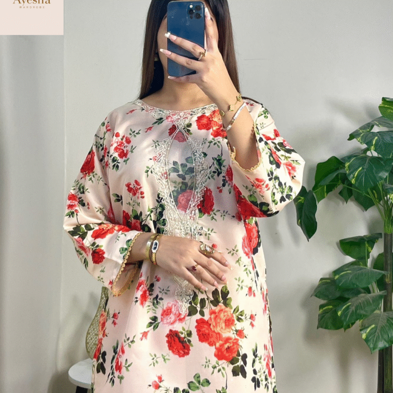 Digital Printed Outfit  Shirt Neck Pach Work and Border and Sleeves Lace Work Printed Farshi Shalwar Printed Munar Duppatta