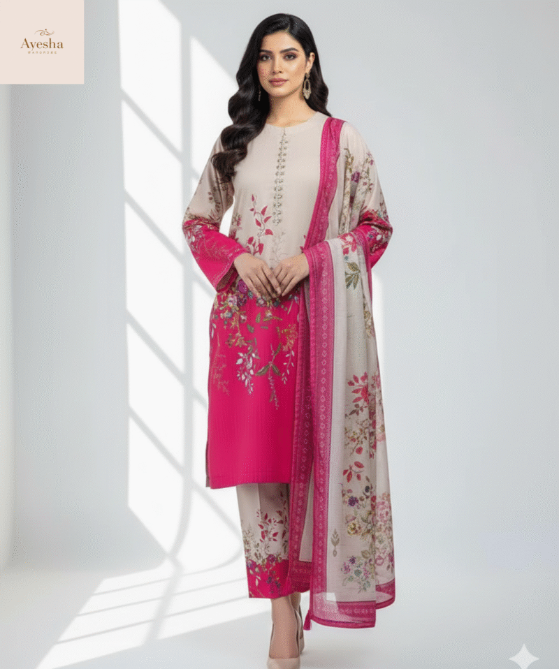 Front and Back Allover Digital Printed with Adda Handwork on Shirt with Flapper and Printed Dupatta Cord Set (3Pcs) - Image 4