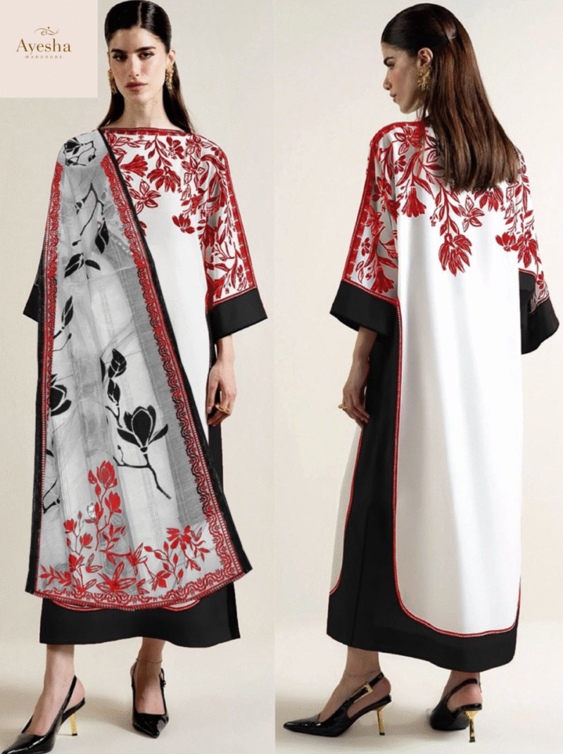 Premium 2Pc Lulusar Branded Suit Classic Black & White Combination  Elegant Palm & Floral Print Design - Image 6