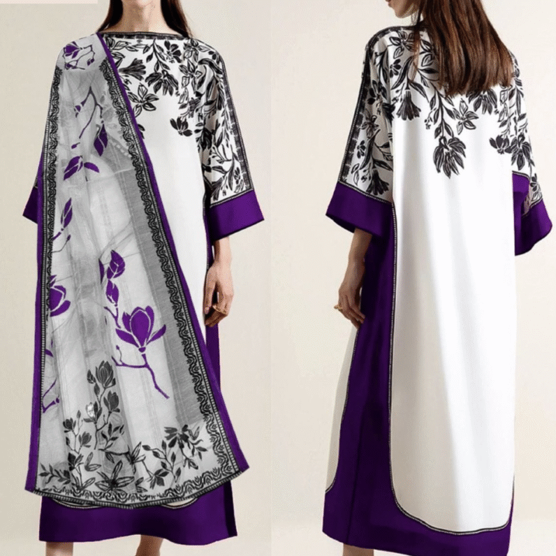 Premium 2Pc Lulusar Branded Suit Classic Black & White Combination  Elegant Palm & Floral Print Design