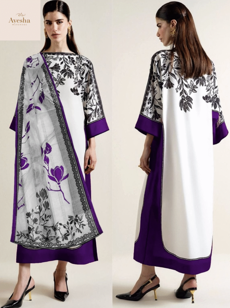 Premium 2Pc Lulusar Branded Suit Classic Black & White Combination  Elegant Palm & Floral Print Design