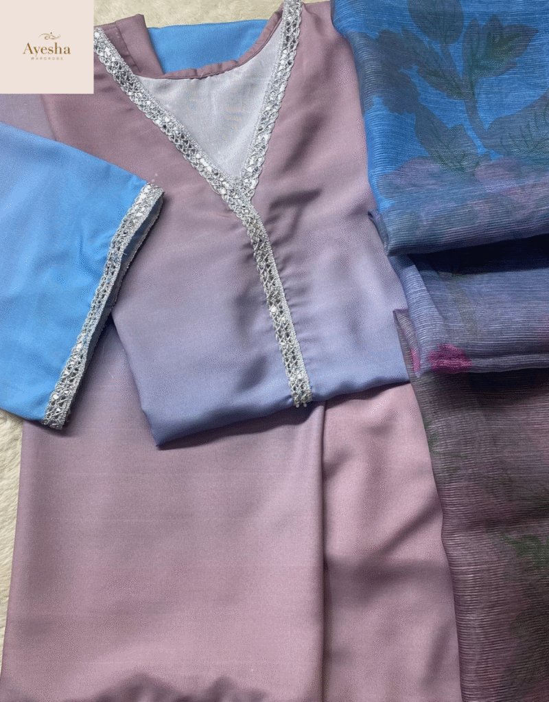 3pc suit Digital Printed long kurta neck and sleeve lace work. Digital Printed flyper. Printed munar Duppatta - Image 4