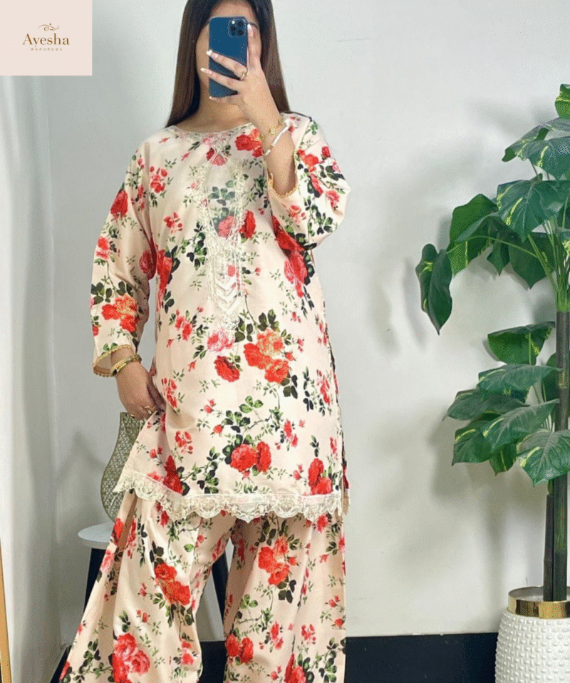 Digital Printed Outfit  Shirt Neck Pach Work and Border and Sleeves Lace Work Printed Farshi Shalwar Printed Munar Duppatta - Image 5