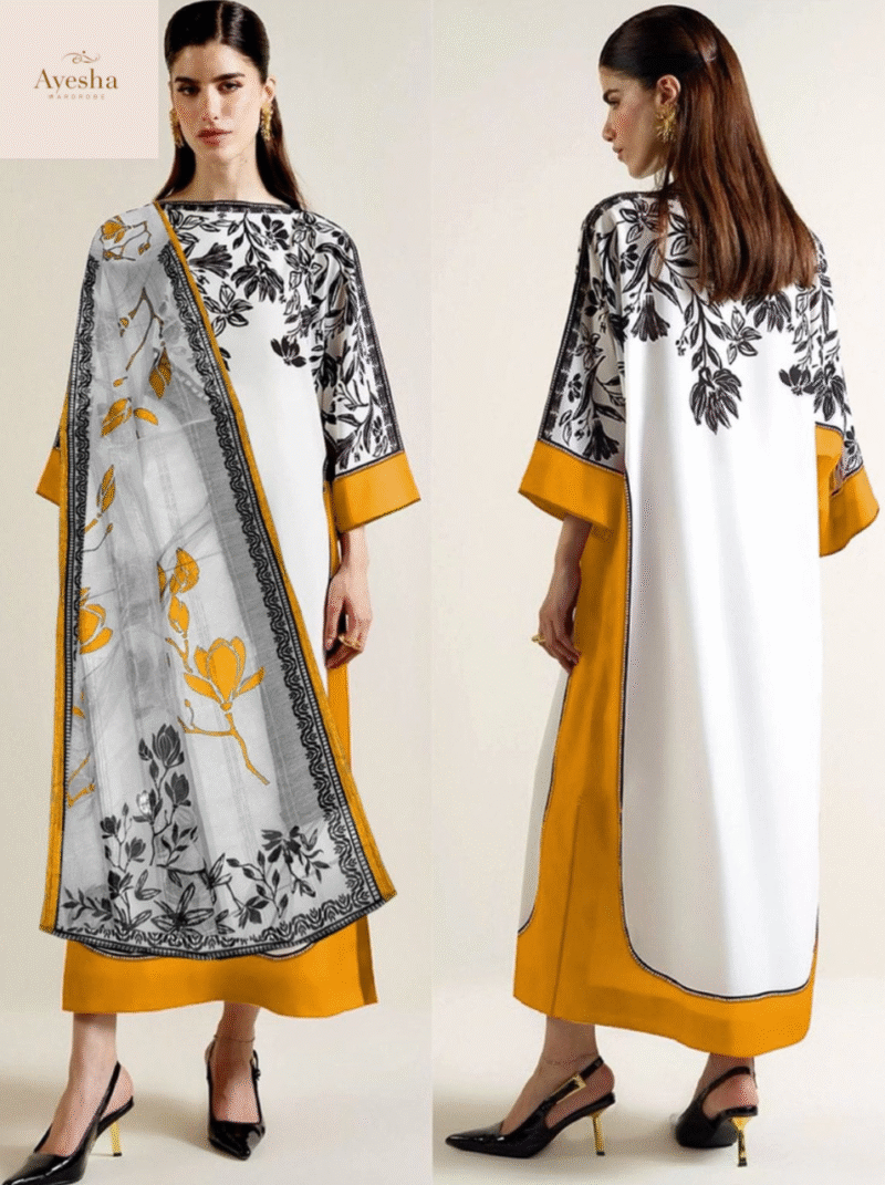 Premium 2Pc Lulusar Branded Suit Classic Black & White Combination  Elegant Palm & Floral Print Design - Image 7