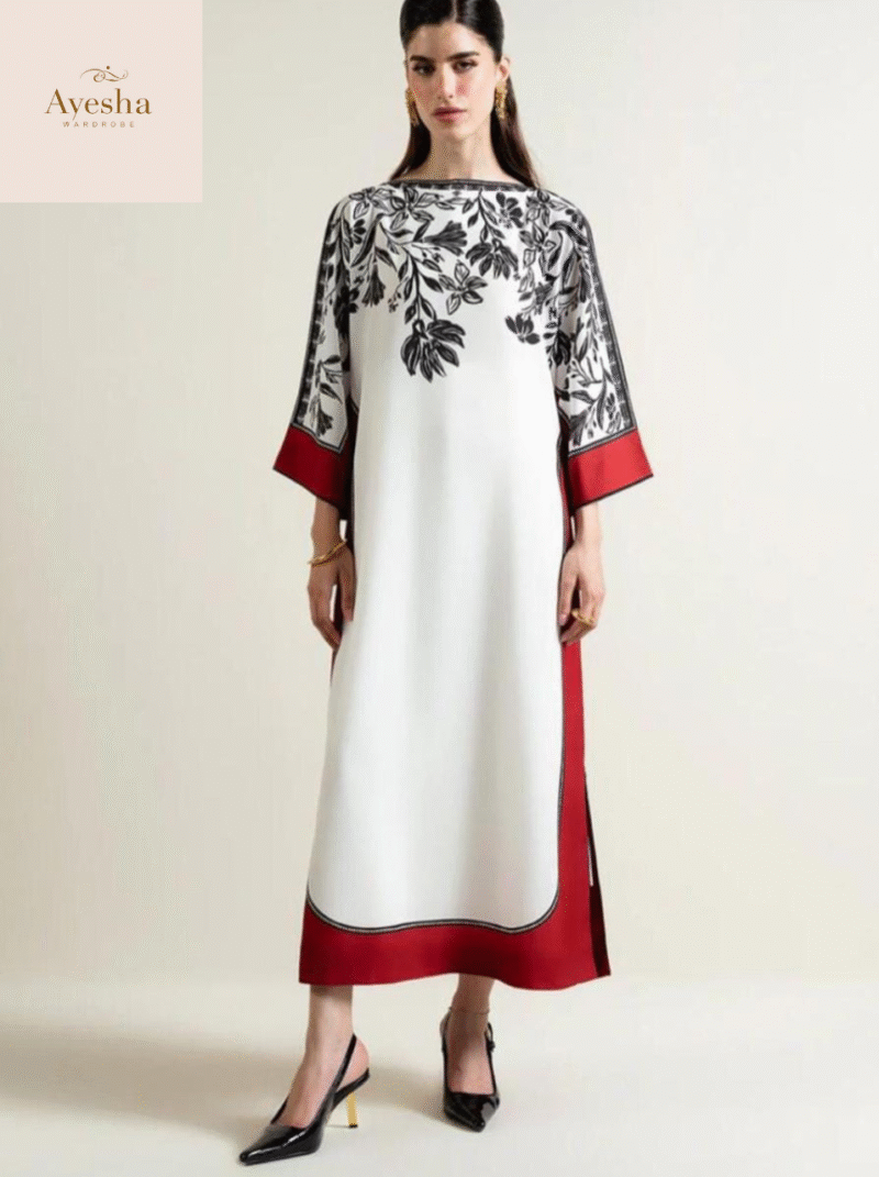 Premium 2Pc Lulusar Branded Suit Classic Black & White Combination  Elegant Palm & Floral Print Design - Image 2