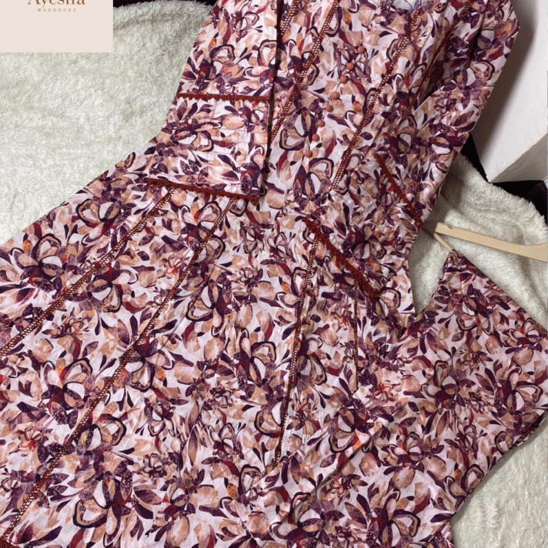 Premium Printed Pure Lawn Kali Frock With Lace Work (2Pcs)