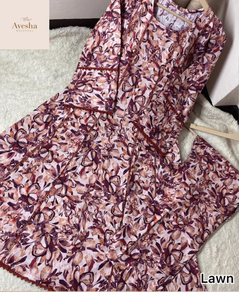 Premium Printed Pure Lawn Kali Frock With Lace Work (2Pcs)