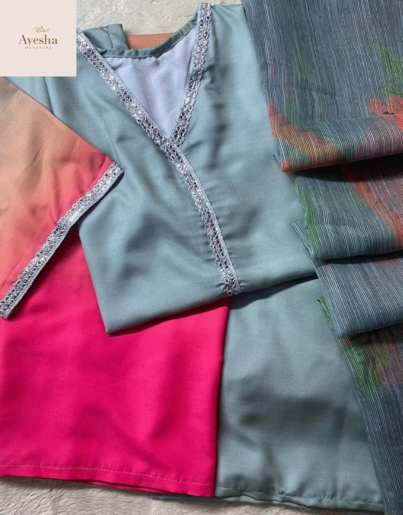 3pc suit Digital Printed long kurta neck and sleeve lace work. Digital Printed flyper. Printed munar Duppatta - Image 5