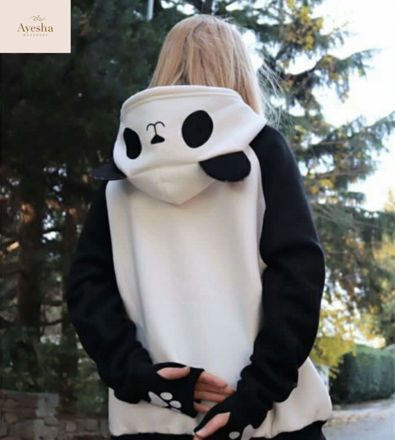 Panda Ear Hoodie  Black & White Unisex Pullover - Image 5