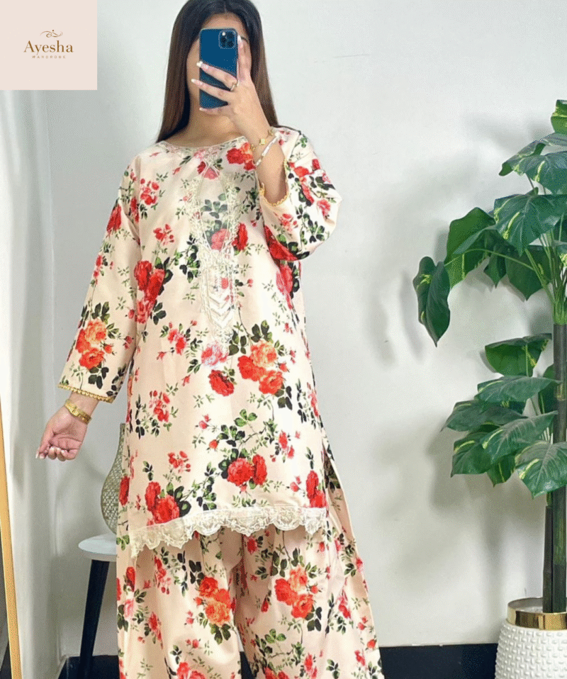 Digital Printed Outfit  Shirt Neck Pach Work and Border and Sleeves Lace Work Printed Farshi Shalwar Printed Munar Duppatta - Image 6