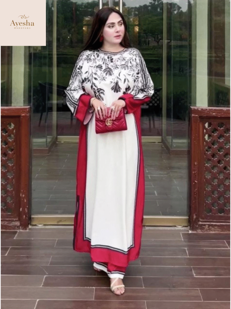 Premium 2Pc Lulusar Branded Suit Classic Black & White Combination  Elegant Palm & Floral Print Design - Image 3