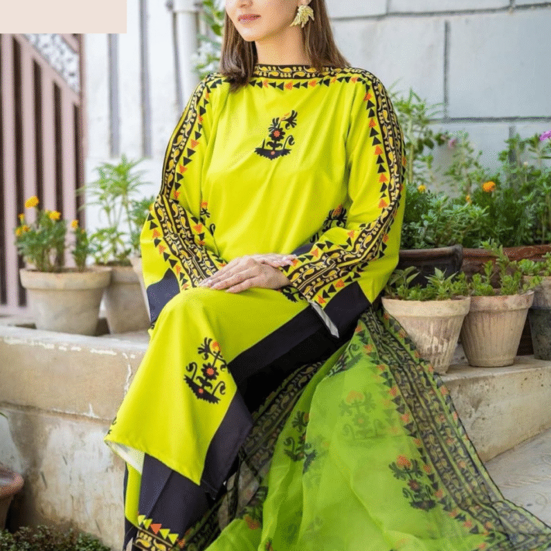 Front and Back Digital Printed Long Shirt with Flapper Dupatta – Zest Tribal 3-Piece Set