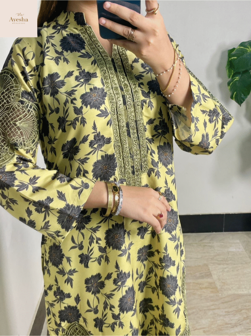 Digital Printed Shirt Neck Pach Work and Border Lace Work Printed Trouser Printed Munar Duppatta - Image 3
