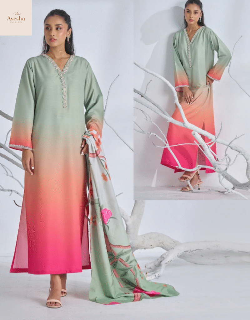 3pc suit Digital Printed long kurta neck and sleeve lace work. Digital Printed flyper. Printed munar Duppatta - Image 6