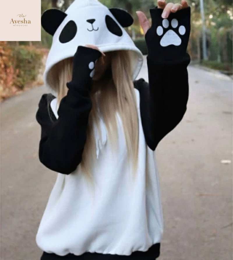 Panda Ear Hoodie  Black & White Unisex Pullover - Image 6