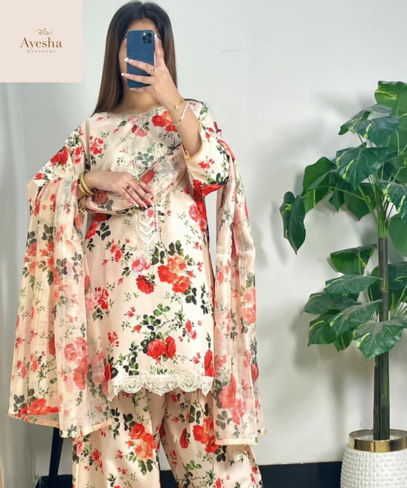 Digital Printed Outfit  Shirt Neck Pach Work and Border and Sleeves Lace Work Printed Farshi Shalwar Printed Munar Duppatta - Image 7
