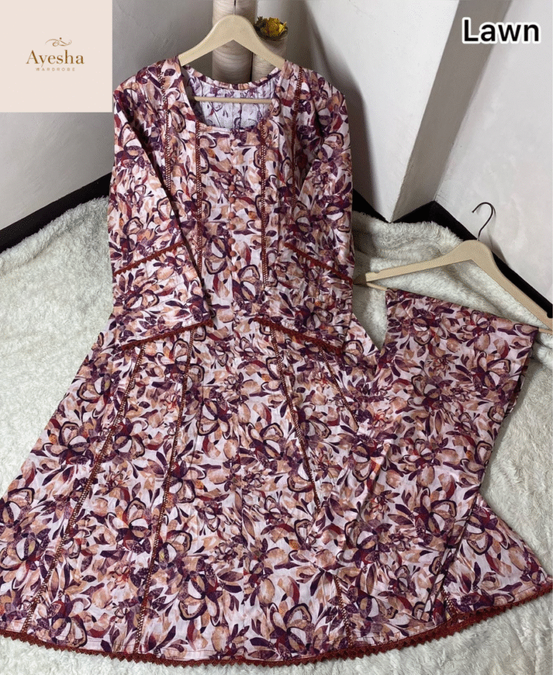 Premium Printed Pure Lawn Kali Frock With Lace Work (2Pcs) - Image 2