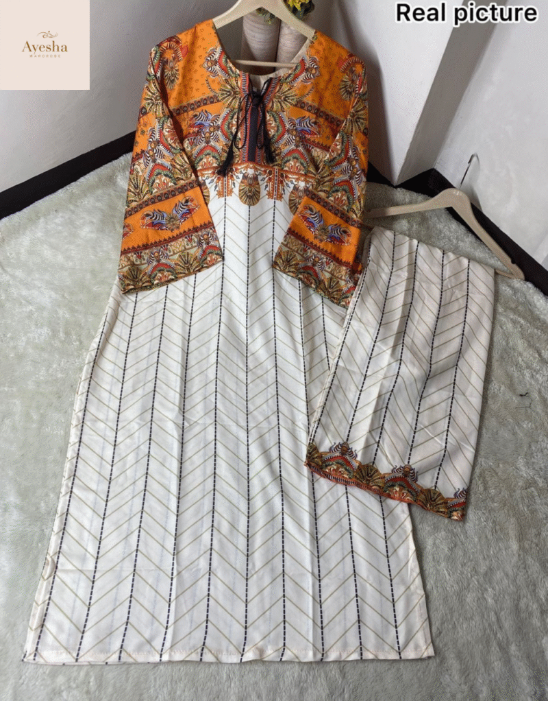 Digital Printed Swiss Lawn Cord Set Long Kurta - Image 9