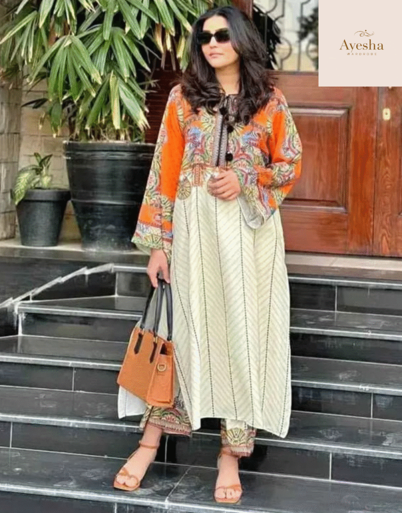 Digital Printed Swiss Lawn Cord Set Long Kurta - Image 6