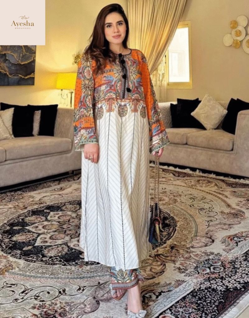 Digital Printed Swiss Lawn Cord Set Long Kurta - Image 5