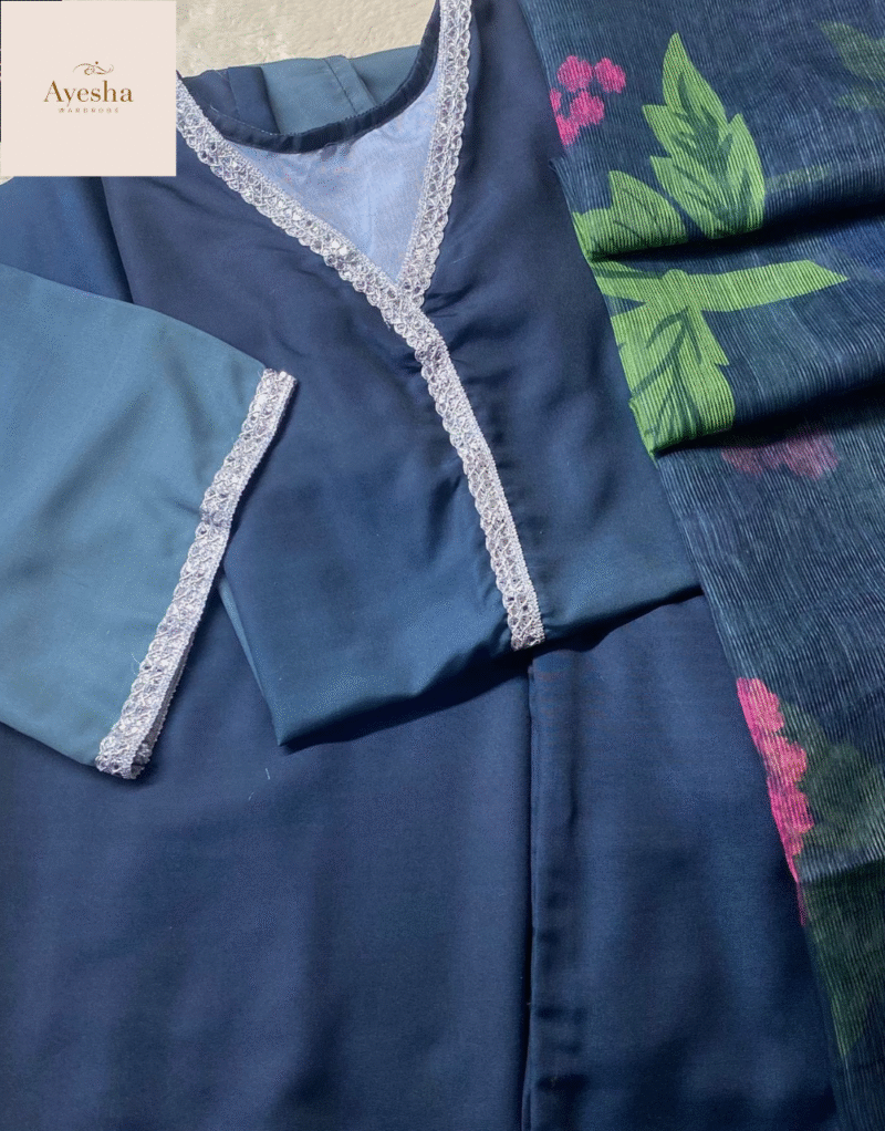 3pc suit Digital Printed long kurta neck and sleeve lace work. Digital Printed flyper. Printed munar Duppatta - Image 7