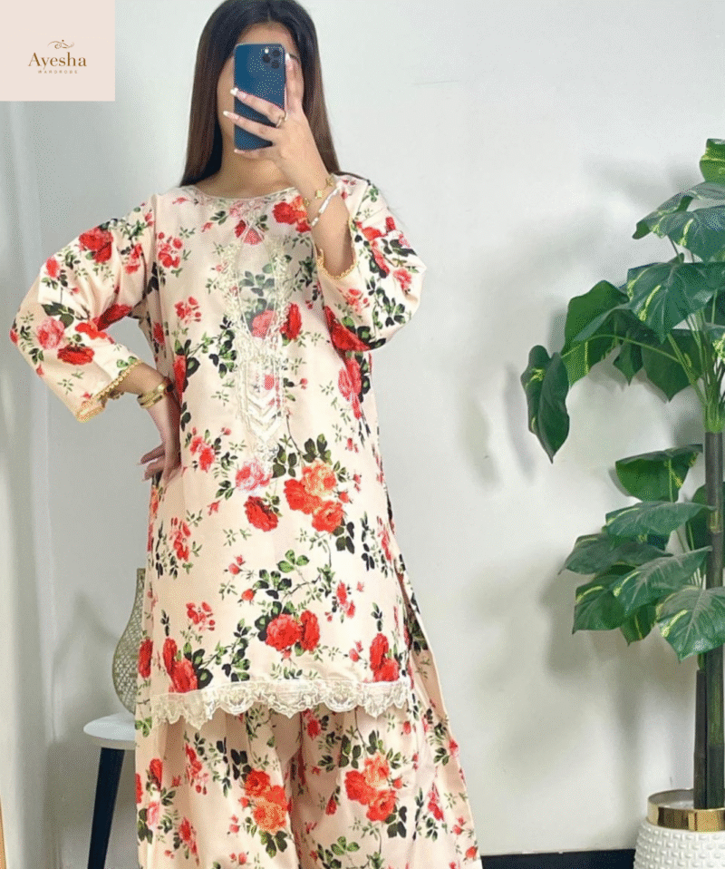 Digital Printed Outfit  Shirt Neck Pach Work and Border and Sleeves Lace Work Printed Farshi Shalwar Printed Munar Duppatta - Image 2
