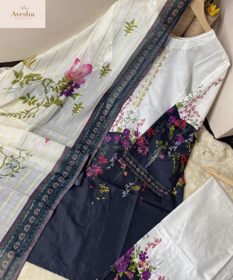 Front and Back Allover Digital Printed with Adda Handwork on Shirt with Flapper and Printed Dupatta Cord Set (3Pcs) - Image 8