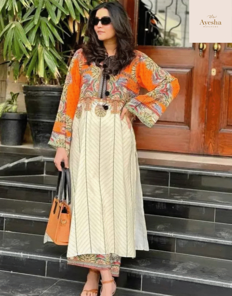 Digital Printed Swiss Lawn Cord Set Long Kurta - Image 2