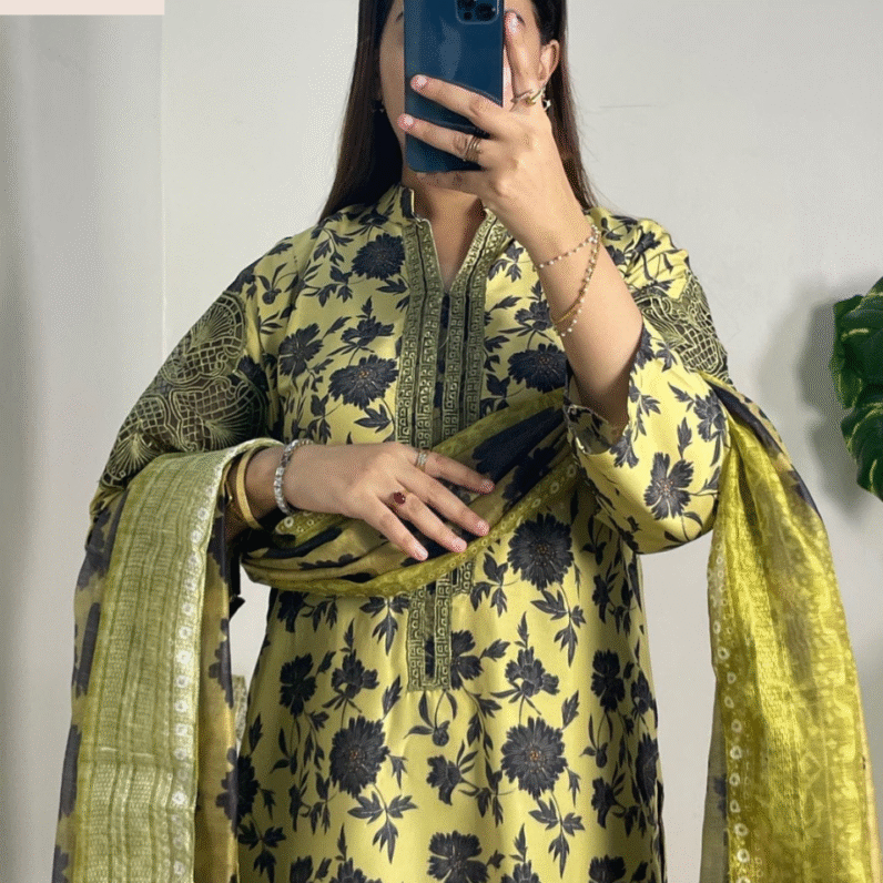 Digital Printed Shirt Neck Pach Work and Border Lace Work Printed Trouser Printed Munar Duppatta