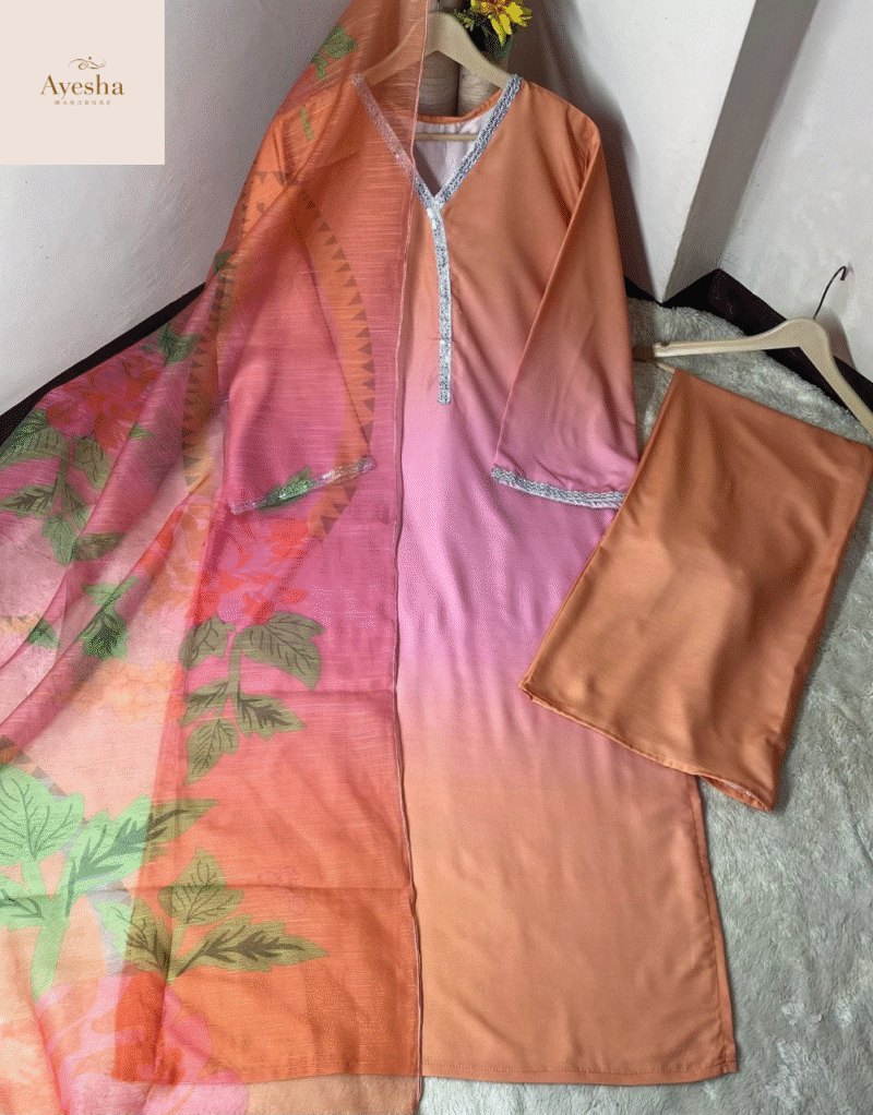 3pc suit Digital Printed long kurta neck and sleeve lace work. Digital Printed flyper. Printed munar Duppatta - Image 8